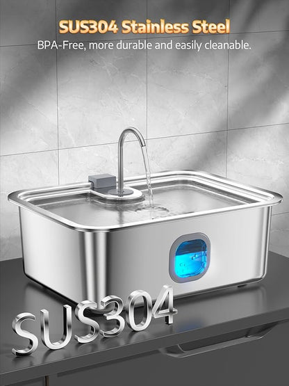 4.2Gal Dog Water Fountain for Large Dogs, 16L Stainless Steel Large Dog Fountain Water Bowl with Deeper & Wider Drinking Tray, Pet Water Dispenser with Visible Window (with 7 Newly Filters)