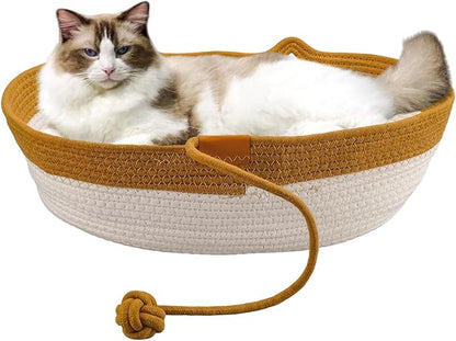 Pet Beds for Cats, Cat Beds for Indoor Cats 19.69"×13.78"×6.30",Cotton Rope Oval Cat Bed for All Seasons (with Cooler Straw Mat and Cotton Mat Both), Suitable for Cats＆Dogs (Brown, Small)