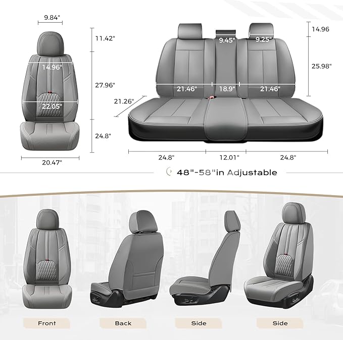 Coverado Car Seat Covers Full Set, Automotive Seat Cover with Lumbar Support, Nappa Leather Seat Cover for Cars, Waterproof Car Seat Protector, Car Seat Cushion Universal Fit for Most Vehicles (Gray)