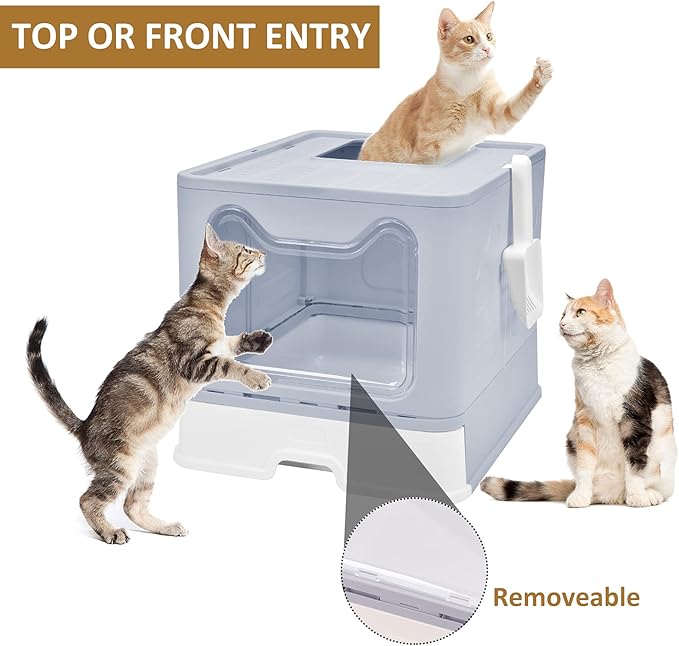 Panghuhu88 Foldable Cat Litter Box with Lid, Large Top Entry Toilet, Enclosed Potty Include Litter Scoop, Drawer Type Easy Clean Litter Pan (Grey, 20" L x 16" W x 15" H)
