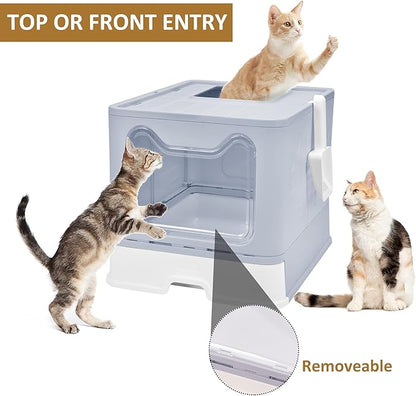 Panghuhu88 Foldable Cat Litter Box with Lid, Large Top Entry Toilet, Enclosed Potty Include Litter Scoop, Drawer Type Easy Clean Litter Pan (Grey, 20" L x 16" W x 15" H)