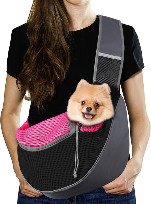 Pawaboo Dog Sling Carrier, Hand Free Breathable Mesh Bag for Puppy Cat, Drawstring Dog Papoose with Adjustable Strap and Pocket, Crossbody Satchel Dogs Purse for Outdoor Travel, L, Magenta