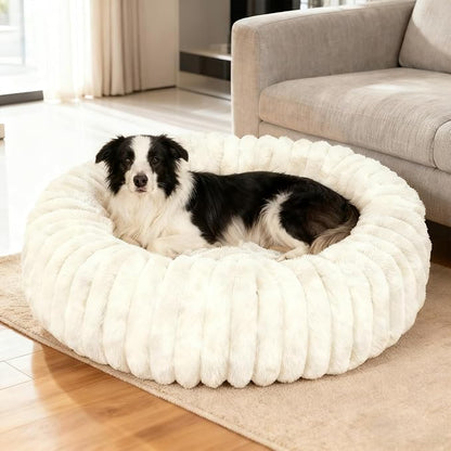 Washable Large Dog Bed,Calming Anti Anxiety Round Donut Dog Bed,Fluffy Puppy Beds for Small Dogs,Cute Kitten Cat Beds for Indoor Cats,Anti-Slip Comfort Pet Beds for Large Size(White,XL)