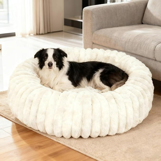 Washable Large Dog Bed,Calming Anti Anxiety Round Donut Dog Bed,Fluffy Puppy Beds for Small Dogs,Cute Kitten Cat Beds for Indoor Cats,Anti-Slip Comfort Pet Beds for Large Size(White,XL)