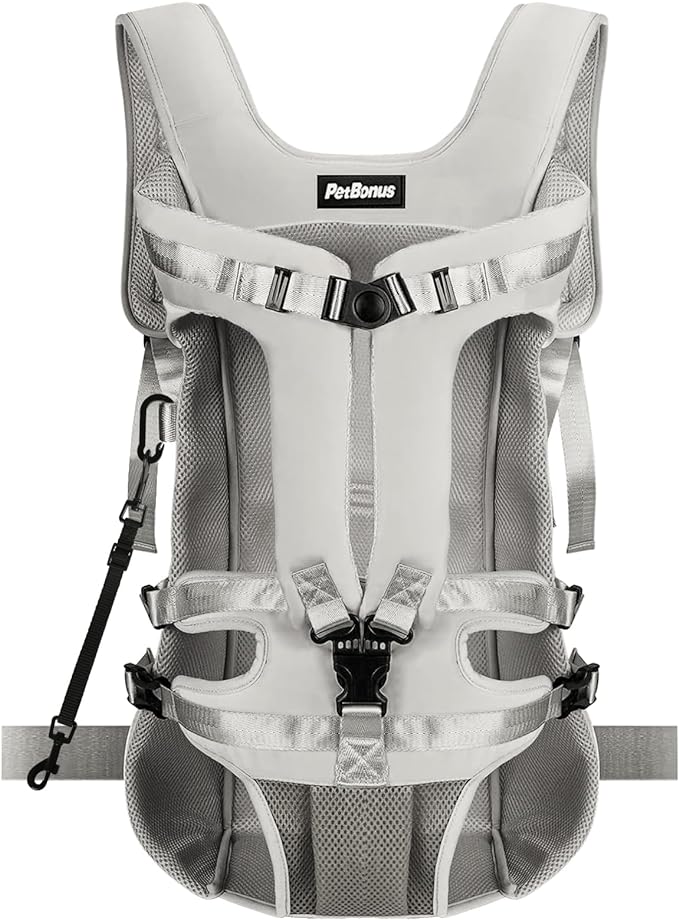 PetBonus Pet Front Dog Carrier Backpacks, Adjustable Pet Backpack, Legs Out Easy-fit Puppy Chest Carrier for Medium Small Dogs, Hands Free for Hiking, Cycling (Grey, L)