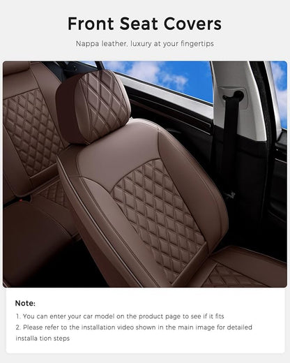 Huidasource Coffee Front Seat Cover, Nappa Leather Front Car Seat Cover, Side Elastic Fabric, Compatible with Airbags, Seat Belts, Universal Fit for Most Cars, Vans, Trucks, SUV (Front Pair/Coffee)