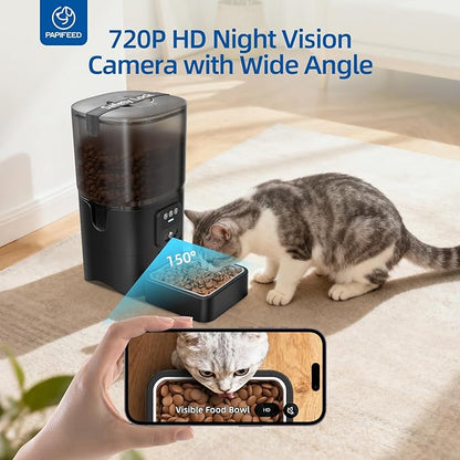 PAPIFEED Automatic Cat Feeder with 720p HD Camera & Night Vision, Two-Way Audio, 6L Smart Feeder with App Control via 2.4G WiFi, Easy Clean Detachable, Schedule 1-10 Meals/Day for Cats & Dogs - Black