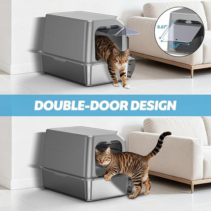WoofiGo Enclosed Stainless Steel Cat Litter Box with Lid, XL Extra Large Litter Box for Big Cats, Metal Litter Pan High Sided, Never Absorbs Odors, Anti-Urine Leakage, Include Scoop (Light Grey)