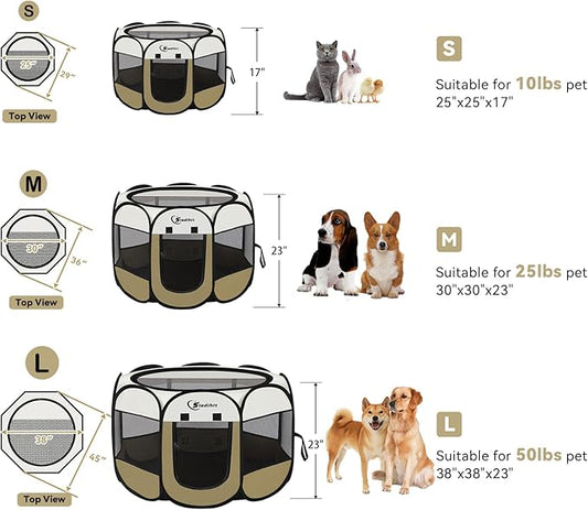 Siedihit Dog Cat Playpen, Medium Puppy Pet Playpen, Dog Crate Tent Cage Indoor/Outdoor, Portable Pop Up Dogs Kennel Playpen with Carrying Case for Dogs/Cats/Rabbits (Khaki,Medium)