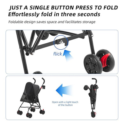 Pet Stroller Oxford Cloth Foldable Dog Strollers for Small Dogs and Cats Suitable for All Road Surfaces Wide-View Panoramic Window 4 Wheels with Brakes Portable Design, Easy to Store (Black)