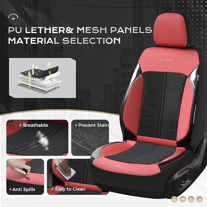 Coverado 3D Air Mesh Front Car Seat Cover, Sports Carbon Fiber Design, Breathable Seat Protectors Airbag Compatible Comfort Universal for Most Cars, Van,Trucks, SUV, Black&Wine