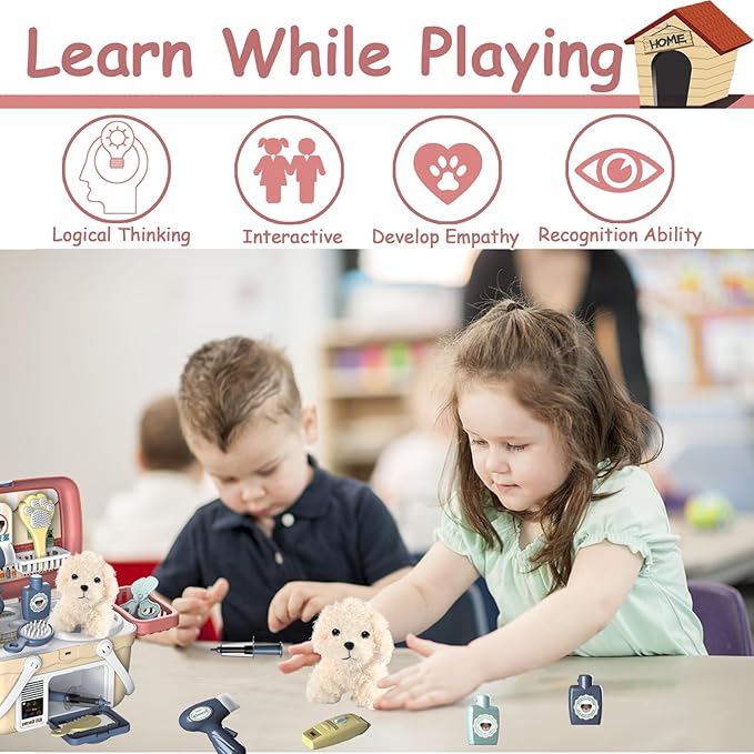 KAEGREEL Pet Care Playset, 23Pcs Pretend Play Kit with Pet Case for Treatment & Grooming, Fun Birthday for Kids Girls Aged 3-8 Year Old