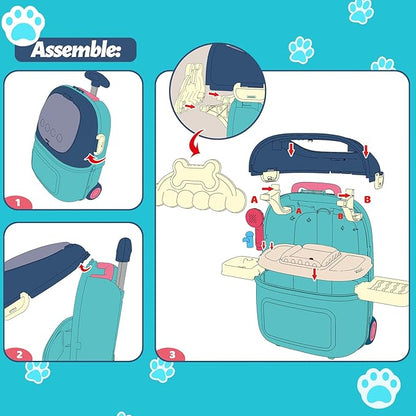 MAGIC4U Pet Cat Care Carrier Suitcase Toy, 29PCS Doctor Vet Kit for Kids, Pet Dog Grooming Feeding Toys, Veterinarian Pretend Play Set, Gifts for Boys and Girls Ages 3-12