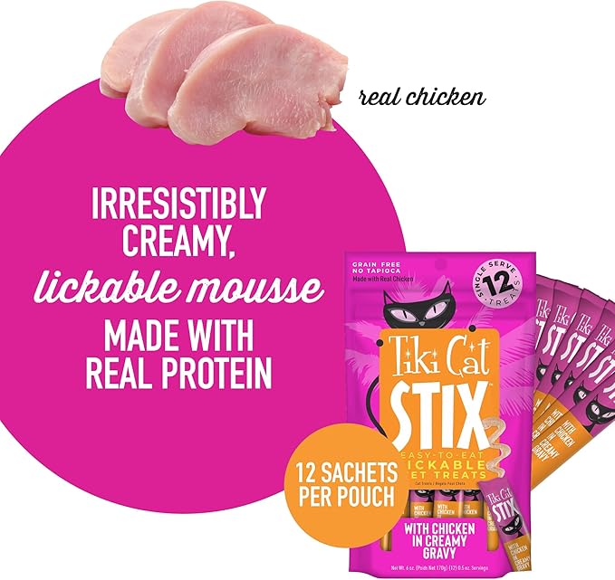 Tiki Cat Stix Mousse Treats, Single Serve Indulgent Lickable Treat or Dry Food Topper, with Chicken in Creamy Gravy, 0.5 oz. Servings (12 Count)