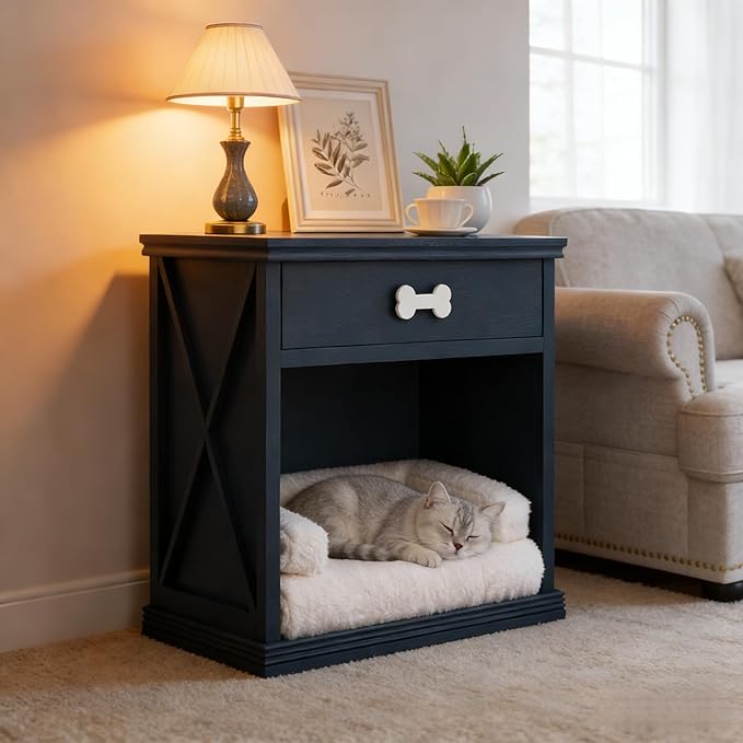 Cat Litter Box Enclosure, Pet Storage Cabinet with LED Light, End Table with Integrated Pet House, Bed Side Tables Bedroom Cat, Cat Bed Side Cabinet with Drawer