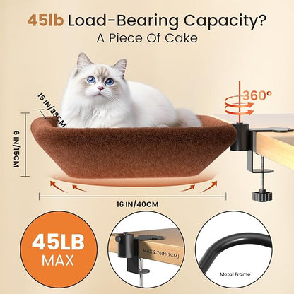 Cat Bed for Desk -Rotating Silent Stability, Cat Desk Bed with Elasticity Memory Sponge, Removable Washable Bed Cover, Soft Comfortable, Suitable for Home & Office (Brown)
