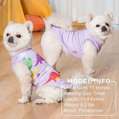 KYEESE 2Pack Dog Shirt, Lightweight Sun Protection Dog T Shirts for Medium Large Dogs Boy Girl, Breathable Mesh Tank Top Sleeveless Pet Reflective Vest, Soft Summer Dogs Clothes, Dinosaur+Purple, 2XL