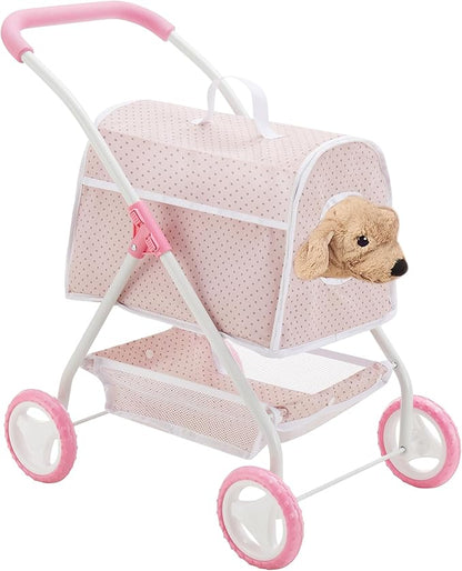 Olivia's Little World Polka Dots Princess Doll Animal Stroller with Detachable Toy Pet Carrier - Pet Doll Pram for 3 yrs and Up - Pink/Gray