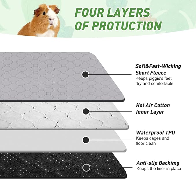 2 Pack Guinea Pig Cage Liners, 14'' X 42'' Washable Guinea Pig Pee Pads, Non Slip Reusable Super Absorbent Guinea Pig Training Mat Bedding Fleece for Small Animals Hamster Rabbit Chinchilla Rat