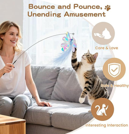 Pawaboo Feather Teaser Cat Toy, Interactive Feather Wands Cats Toy Flying Feathers Cat Catcher with Extra Long 34.5" Wand and Small Bell, Exerciser Playing Toys, 1 Wand + 10 Feathers, Multicolored