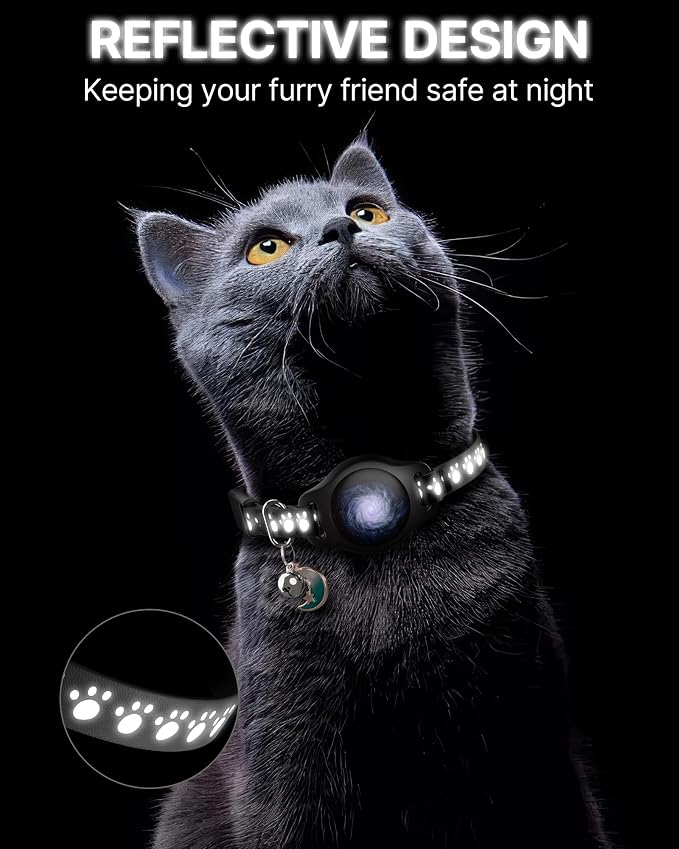 Cat Tracker Collar with Finder Tag - Waterproof Airtag Cat Collar, Black | Breakaway Tractive with Reflective Pattern & Bell, 8-12", Compatible with Apple Find My (iOS ONLY Not for Android Devices)