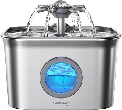 Stainless Steel Cat Water Fountain, 99oz/2.8L Auto Pet Drinking Fountain with 20dB Ultra-Quiet Pump- Ideal for Timid Pets, LED Water Level Window, Dishwasher Safe, 24/7 Circulating Flow - FEELNEEDY