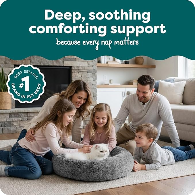 Furhaven 23" Round Calming Donut Dog Bed for Indoor Cats & Small Dogs, Washable, For Dogs Up to 20 lbs - Shaggy Plush Long Faux Fur Donut Bed - Gray, Small, 23.0"L x 23.0"W x 9.0"Th