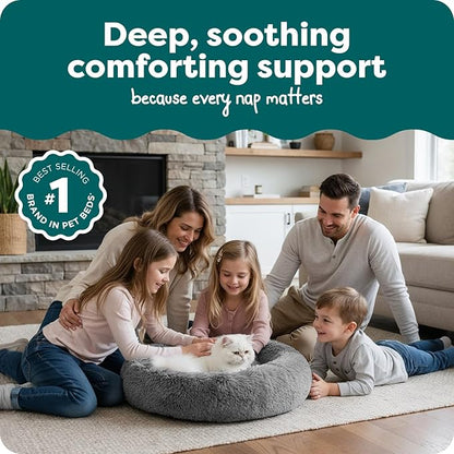 Furhaven 23" Round Calming Donut Dog Bed for Indoor Cats & Small Dogs, Washable, For Dogs Up to 20 lbs - Shaggy Plush Long Faux Fur Donut Bed - Gray, Small, 23.0"L x 23.0"W x 9.0"Th