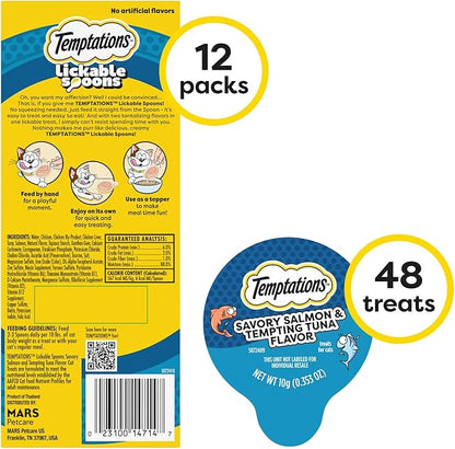 Temptations Lickable Spoons, Soft Lickable Cat Treats, Adult Wet Cat Treats, Savory Salmon and Tempting Tuna Flavor, 4 Spoons, Pack of 12 (48 Total)