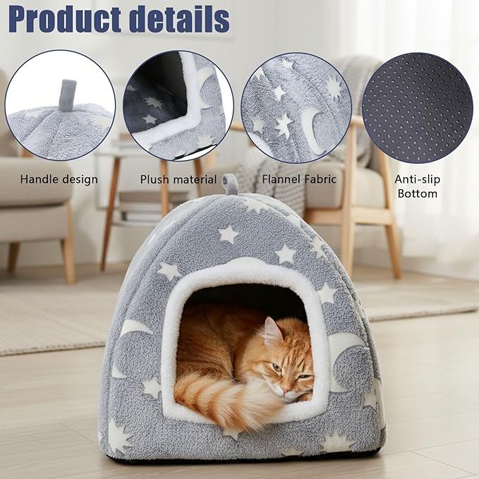 Cat Bed Cave,Cat Tents for Indoor Cats,Cute Cozy Tent for Kitten and Small Pet with Removable Washable Cushion Pillow Gatos Hideaway Beds 2 in 1 Enclosed House Soft Plush Stuff Camas