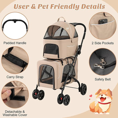 PETSITE Double Dog Stroller, Foldable 3-in-1 4 Wheels Cat Stroller with 2 Detachable Carriers, Safety Belt, Washable Cover, Removable Pads for Small Medium Dogs Cats (Beige)