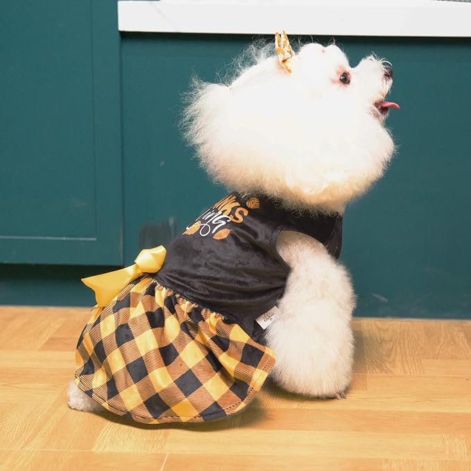 CuteBone Happy Thanksgiving Day Dog Fall Dress Costume Velvet for Small Dogs Girl Puppy Dresses Yellow Plaid Dog Clothes CVA03M-D