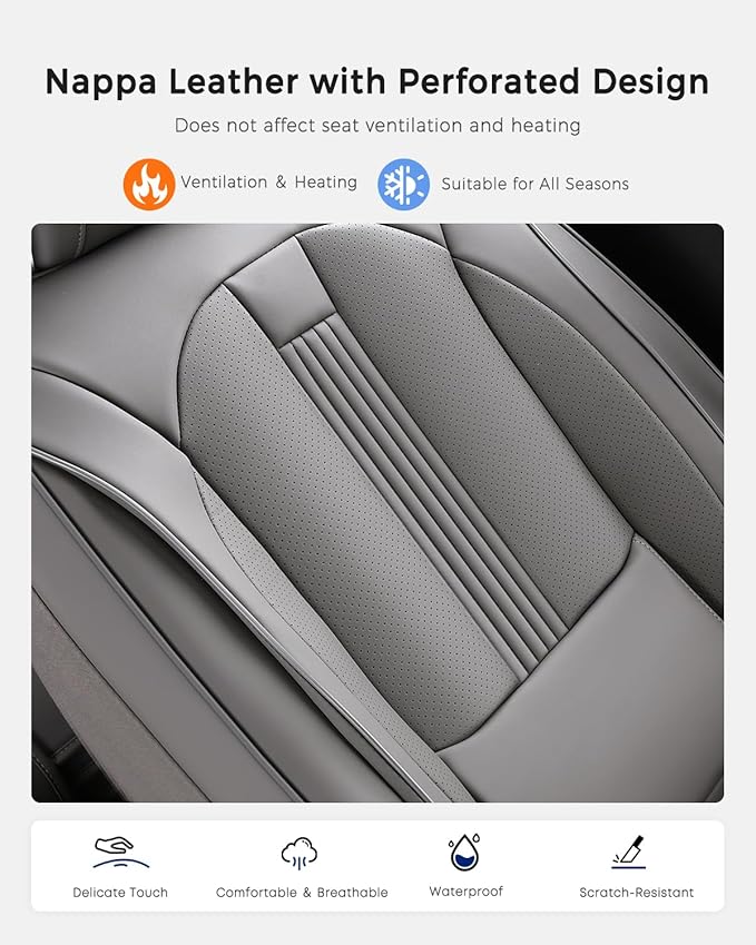 Huidasource Car Seat Covers Full Set, Car Seat Cover Nappa Leather with Lumbar Support, Side Elastic Fabric, Velcro Adjustable, Airbag, Ventilation Heating Universal Fit for Most Cars SUV Trucks, Gray