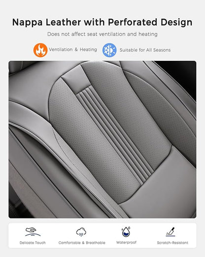 Huidasource Car Seat Covers Full Set, Car Seat Cover Nappa Leather with Lumbar Support, Side Elastic Fabric, Velcro Adjustable, Airbag, Ventilation Heating Universal Fit for Most Cars SUV Trucks, Gray