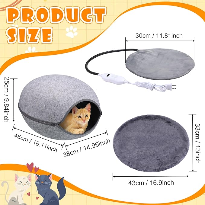 Beeveer Heated Cat Bed, Indoor Heated Cat Cave, Warmer Thermal Pet Bed with Removable Waterproof Heater for Kitty Small Dogs Gray (18.1 x 15 x 9.8 Inches)