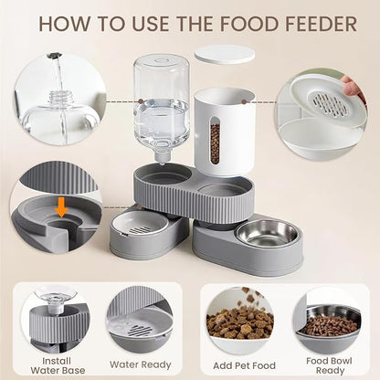 Gravity Cat Feeder 2 Pack Automatic Food Feeder and Water Dispenser Set Detachable Pet Bowl with Silicone Mat and Brush for Cats Small Medium Dogs, Large Capacity(Grey)