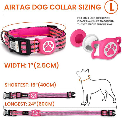 AirTag Dog Collar for Large Dogs, IP68 Waterproof Air Tag Dog Collar with Apple AirTag Holder, Reflective, QR Code Personalized Dog Tags(Rose Red, Large)