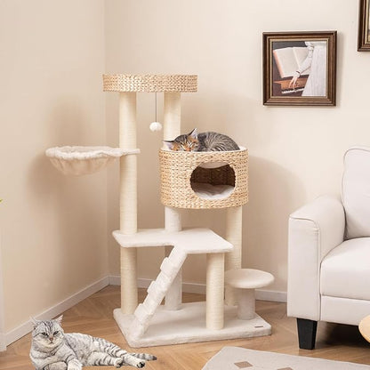 PETSITE 50 inch Cattail Cat Tree Tower, Multi-Level Cat Tower with Sisal Scratching Posts, Condo, Side Basket, Ladder, and Top Perch with Removable Soft Cushion, Modern Cat Tree for Indoor Cats