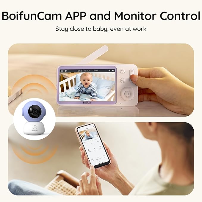 BOIFUN 2K Baby Monitor with 2 Cameras,Smartphone App, Wi-Fi Cameras,5-inch Display, Motion Tracking, Encrypted Connection, Night Vision, Long-Range 2-Way Talk, Temp Sensor