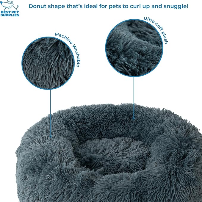Best Pet Supplies Round Calming Dog Bed for Small, Medium & Large Dogs, Plush Donut Cuddler Pet Bed w/Raised Rim for Head, Neck Support, Anti-Slip Bottom Washable Bed - Gray, 24 x 24 x 7