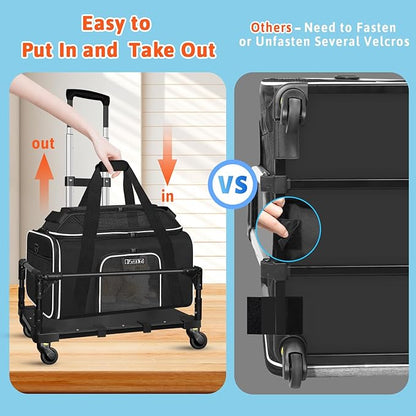 Petskd Top-Expandable Small Pet Carrier with Wheels(18" L x 13" W x 9.5" H), Southwest Airlines Approved, Rolling Pet Carrier for Small Dogs & Cats (Black)