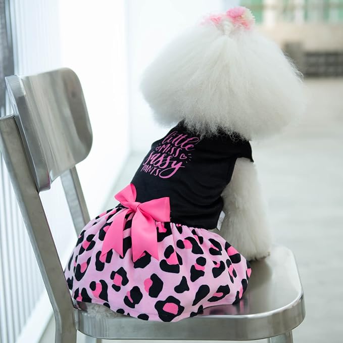 CuteBone Little Miss Sassy Pants Dog Leopard Print Dress Velvet for Small Dogs Girl Puppy Dresses Pink Dog Clothes CVA15L-D
