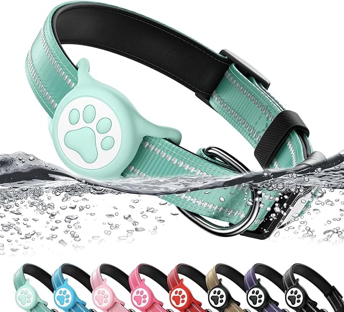 Airtag Dog Collar, Reflective Ultra-Durable Nylon Padded with QR Code Buckle & IP68 Waterproof Air Tag Holder Compatible for Apple AirTag, Comfortable for Small Medium Large Dogs (Green, XS)