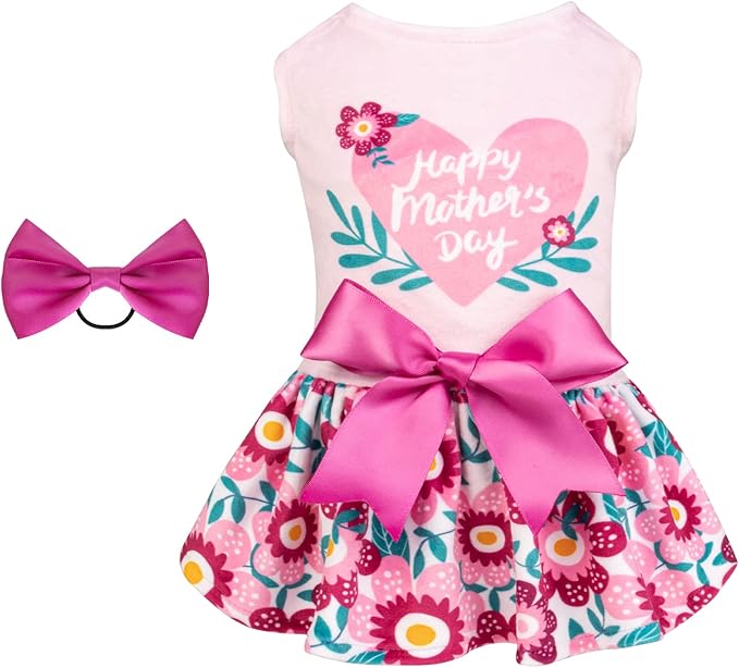 CuteBone Happy Mother's Day Dog Dress Velvet for Small Dogs Girl Floral Skirt Pink Puppy Dresses Dog Clothes CVA22M-D