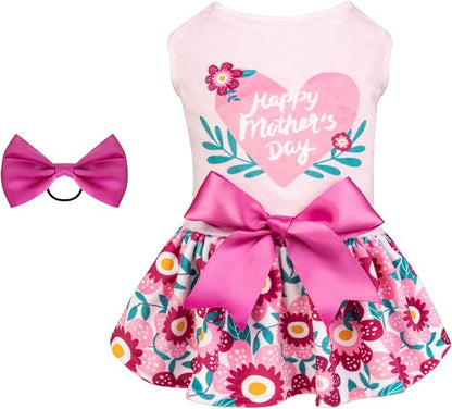 CuteBone Happy Mother's Day Dog Dress Velvet for Small Dogs Girl Floral Skirt Pink Puppy Dresses Dog Clothes CVA22XS-D