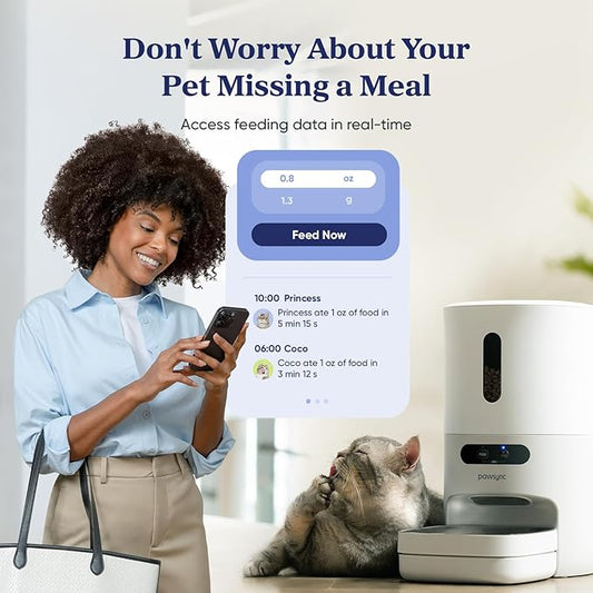 Pawsync Automatic Cat Feeder, WiFi Smart Scale Tracks Pet's Food Intake, App Control, 3.6L Timed Food Dispenser for Cats and Dogs, Up to 10 Meals Per Day, Stainless Steel Bowl, Dual Power Supply