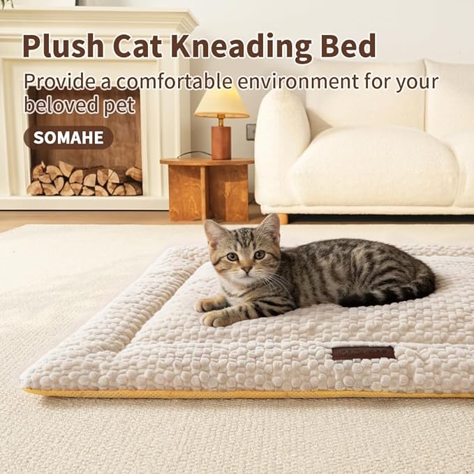 Plush Cat Kneading Bed Mat, Premium Plush Fabric Bed with Non-Slip Bottom, 3cm Thick All-Season Cushion for Cats Who Knead, Machine Washable Anti-Static Pet Bed, 23x15 Inch, Milk