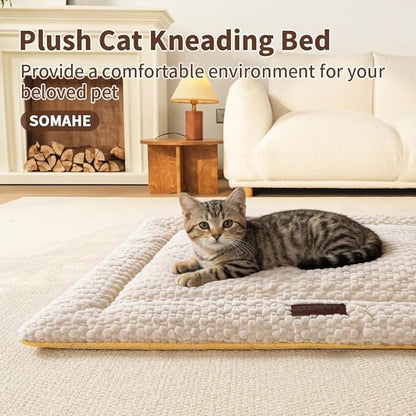 Plush Cat Kneading Bed Mat, Premium Plush Fabric Bed with Non-Slip Bottom, 3cm Thick All-Season Cushion for Cats Who Knead, Machine Washable Anti-Static Pet Bed, 23x15 Inch, Milk