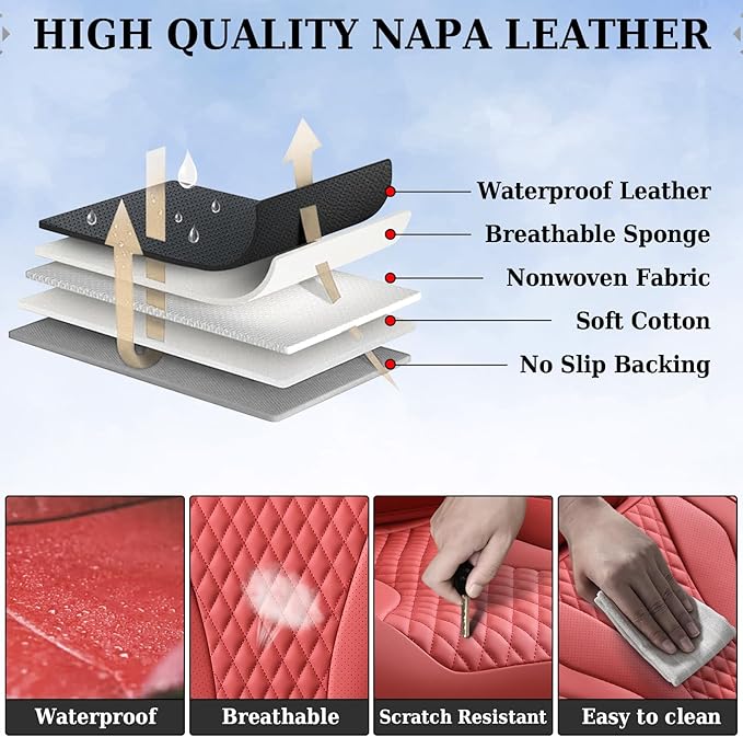 Coverado Waterproof Nappa Leather Car Seat Covers, Automotive Seat Covers，Front Car Seat Cushion & Car Seat Protector, Red Seat Covers Universal Fit for Most Cars, SUVs, Trucks