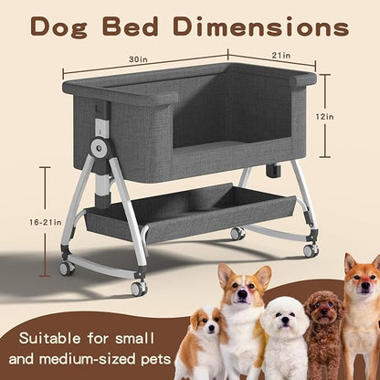 Bedside Dog Bed, Cosleeper Pet Dog Bed with Removable Washable Cushion Adjustable Height, Extension for Human Bed for Small & Medium Puppy & Cat